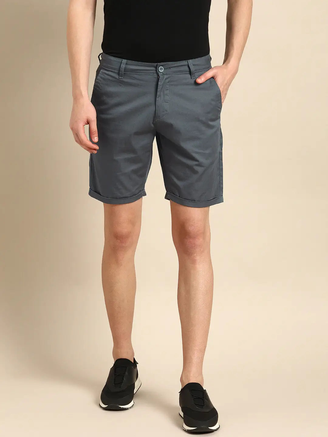 Men Charcoal Gray Solid Slim Fit Chino Shorts - Back View - AceCart