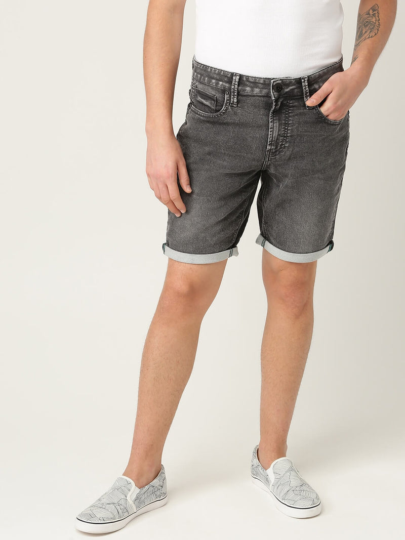 Men Charcoal Grey Solid Slim Fit Denim Shorts - Side View - AceCart
