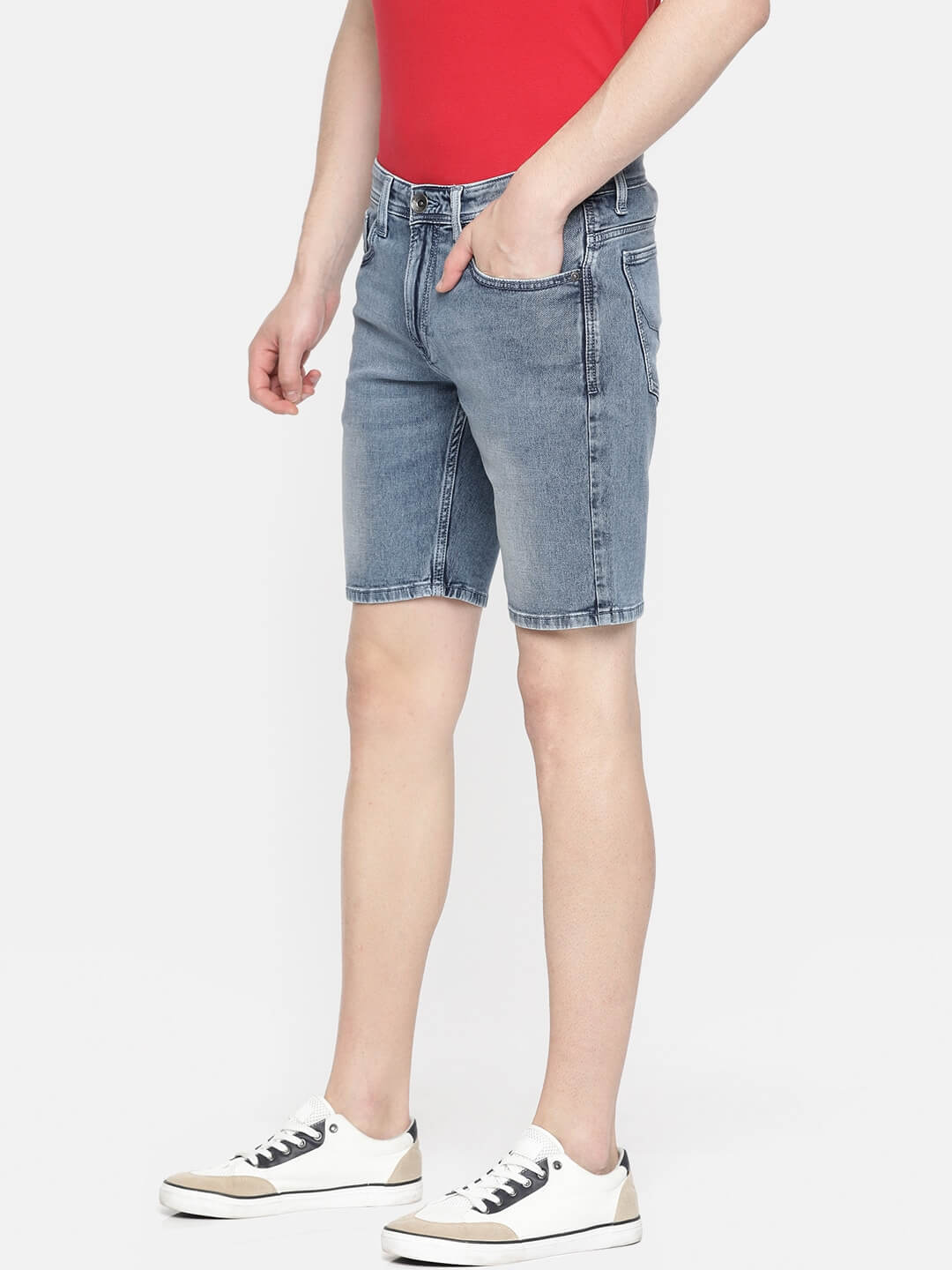 Men Blue Solid Kenzy Chinox Slim Fit Denim Shorts - Back View - AceCart