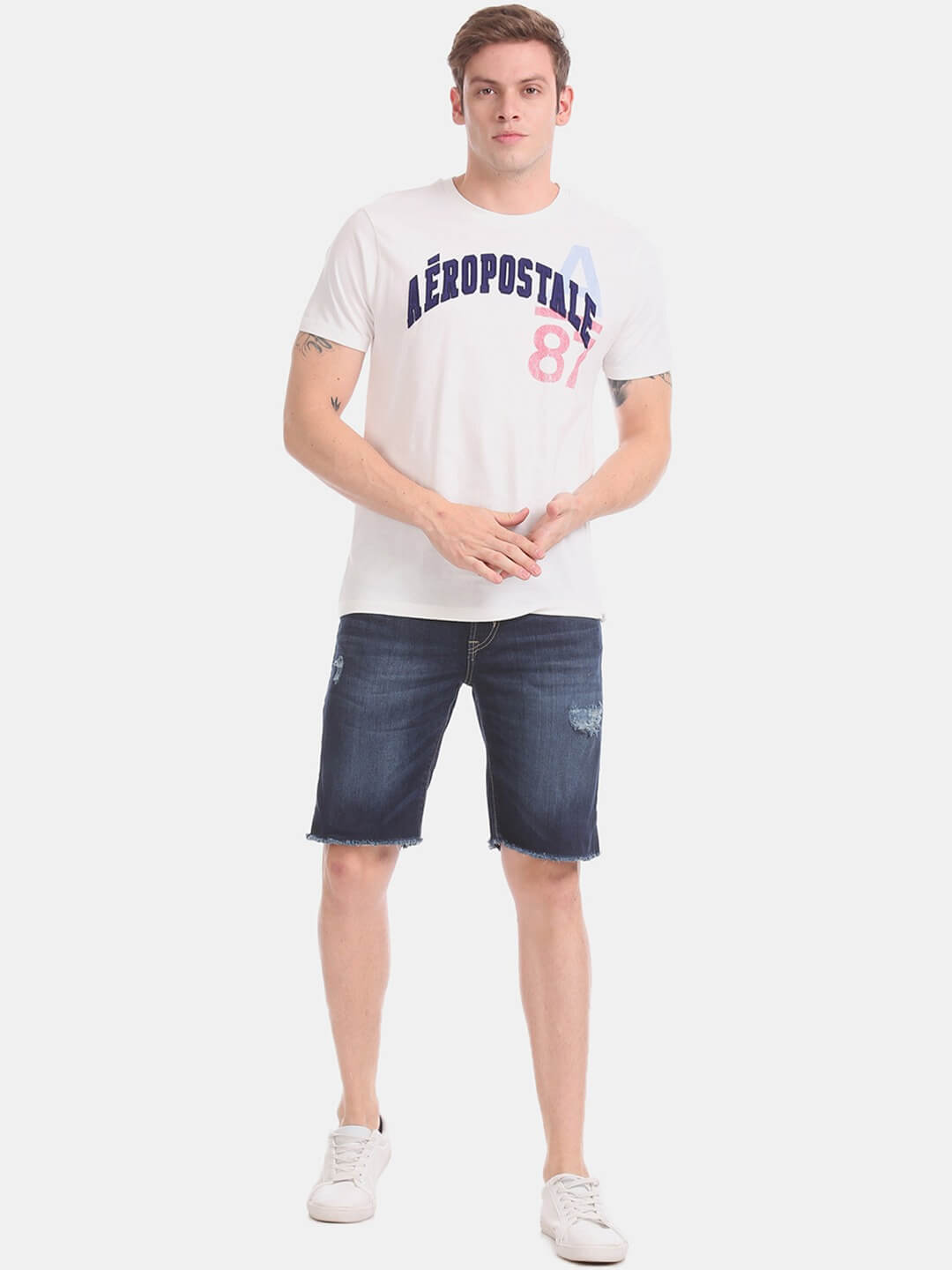 Men Blue Washed Slim Fit Denim Shorts - Front View - AceCart
