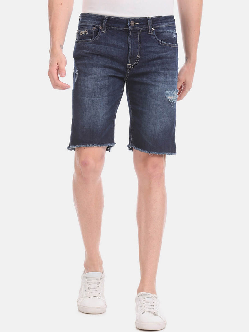 Men Blue Washed Slim Fit Denim Shorts - Side View - AceCart