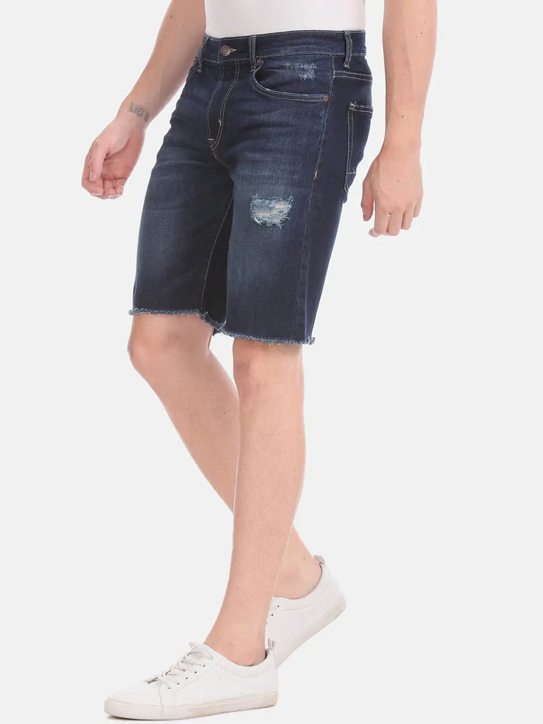Men Blue Washed Slim Fit Denim Shorts - Back View - AceCart