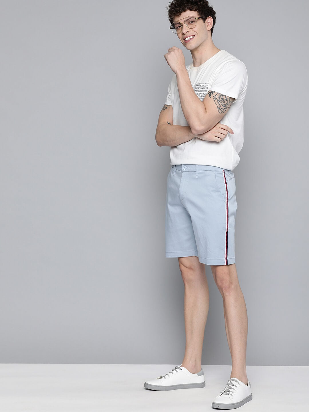 Men Blue Solid Regular Fit Regular Shorts with Side Stripes - Front View - AceCart