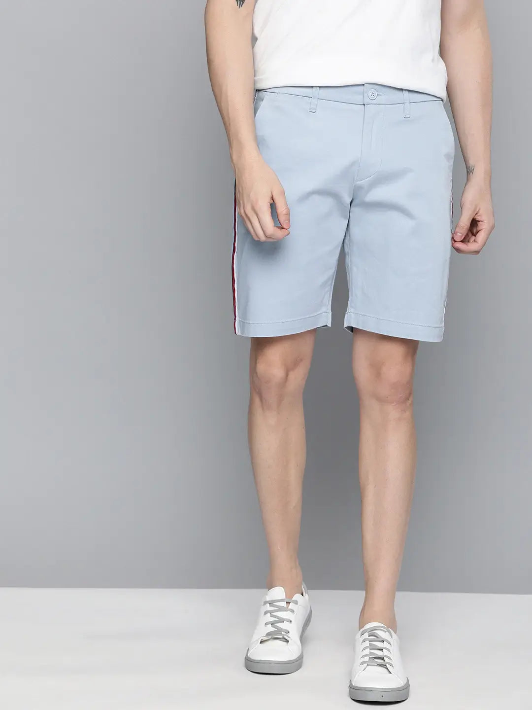 Men Blue Solid Regular Fit Regular Shorts with Side Stripes - Back View - AceCart