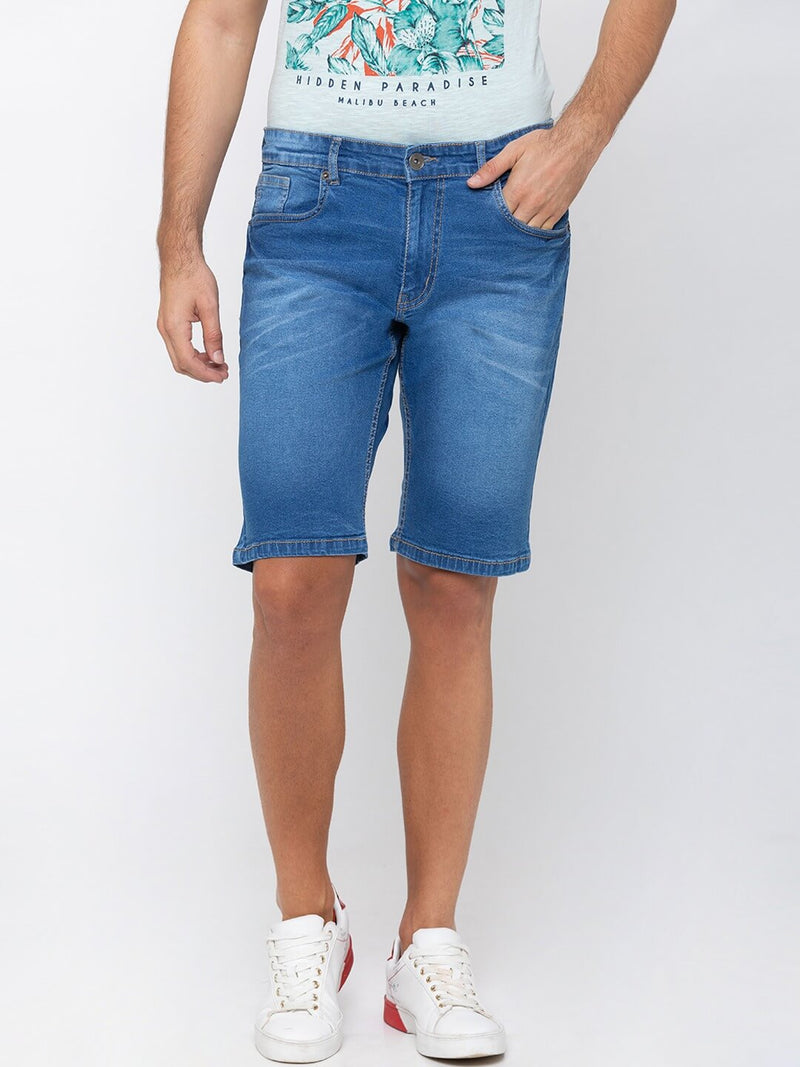 Men Blue Regular Fit Denim Shorts - Side View - AceCart