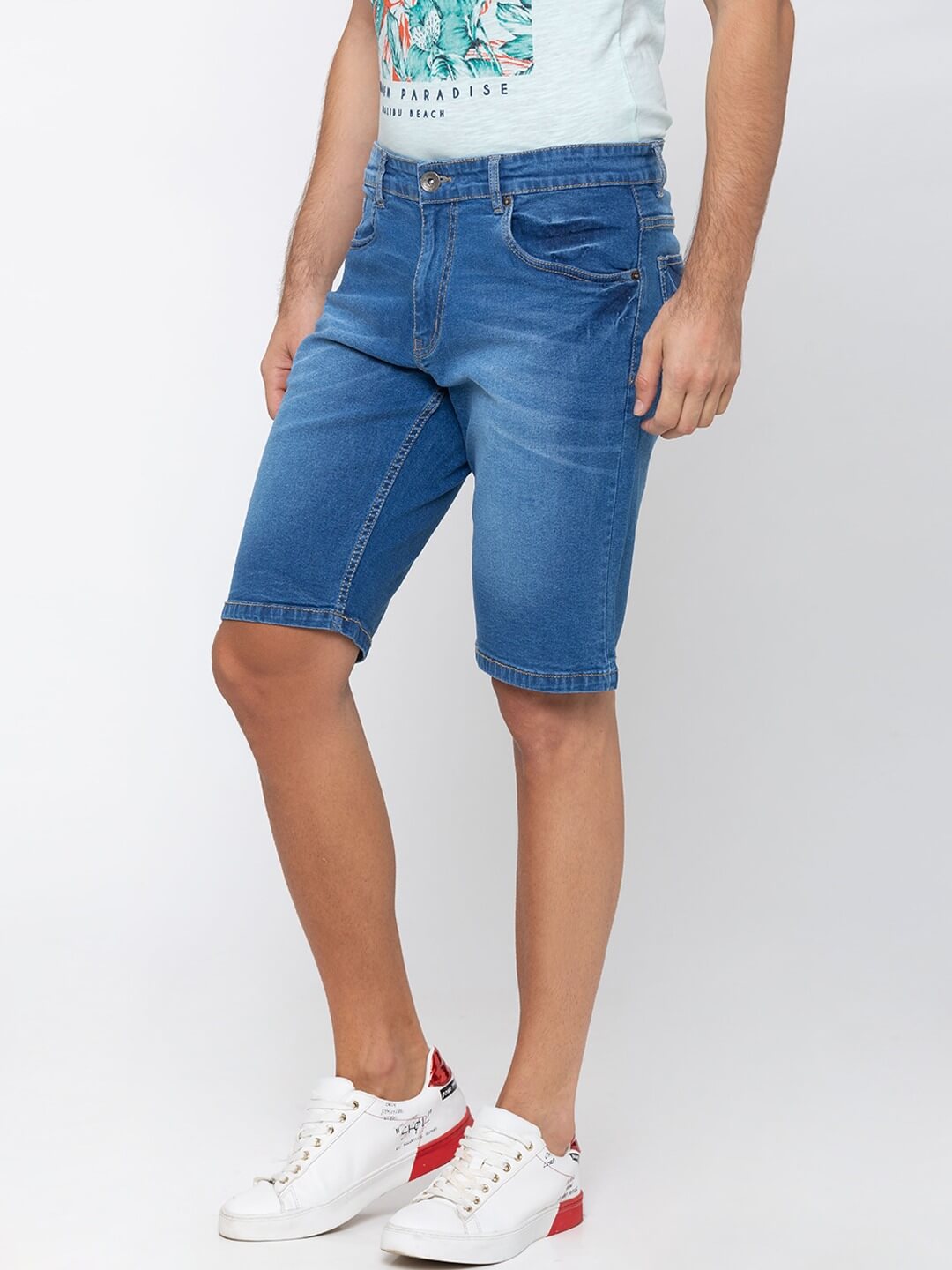 Men Blue Regular Fit Denim Shorts - Back View - AceCart