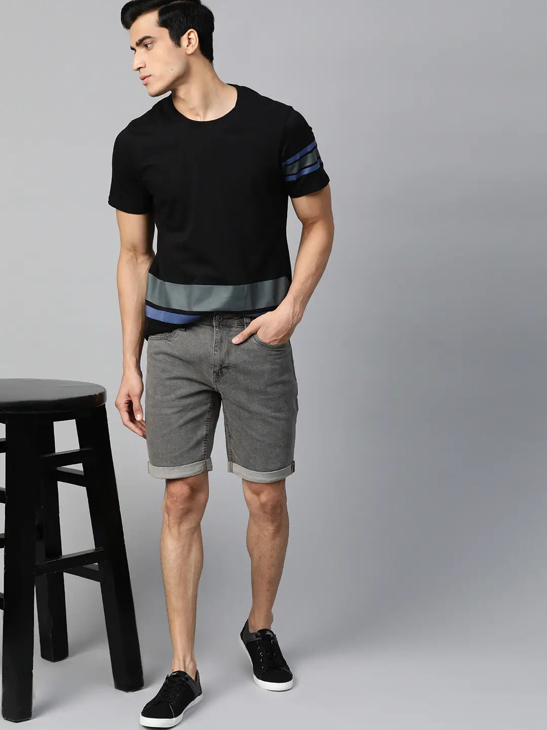 Men Charcoal Grey Washed Regular Fit Denim Shorts - Front View - AceCart