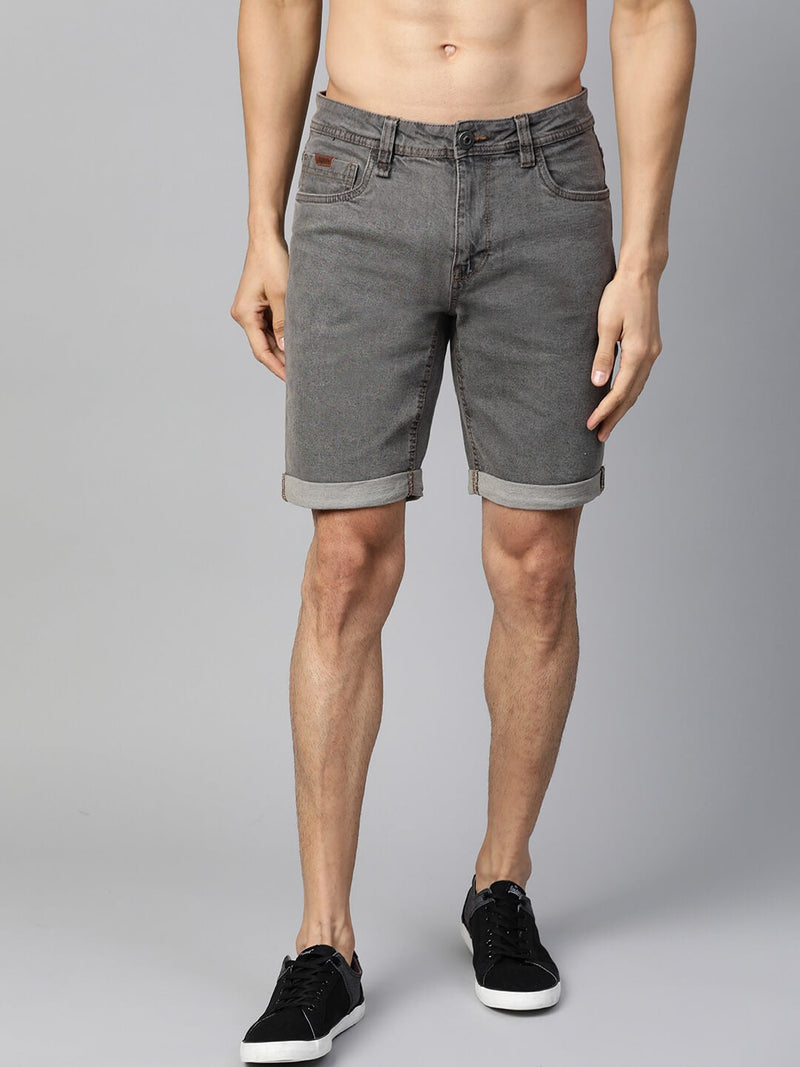 Men Charcoal Grey Washed Regular Fit Denim Shorts - Side View - AceCart