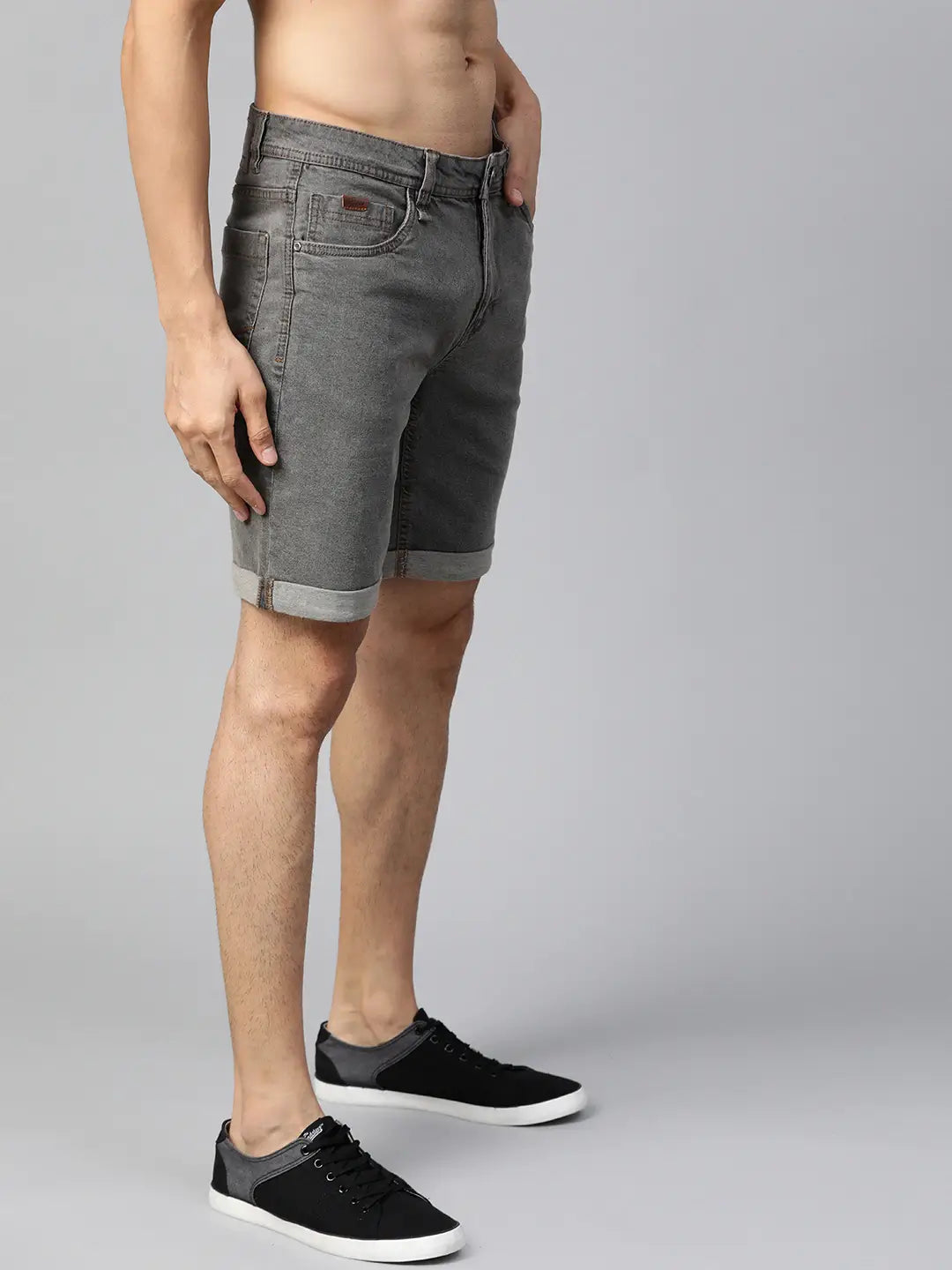 Men Charcoal Grey Washed Regular Fit Denim Shorts - Back View - AceCart