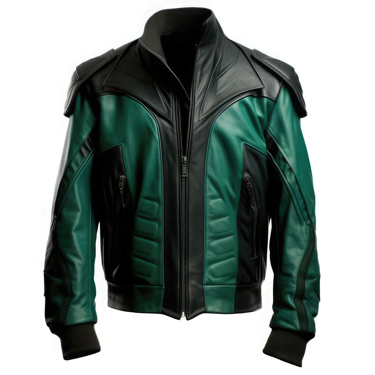 Men’s Green Black Genuine Sheepskin Stand Collar Biker Racing Outfit Classy Punk Zip-up Bomber Soft Rib Knit Leather Jacket - Front View - AceCart