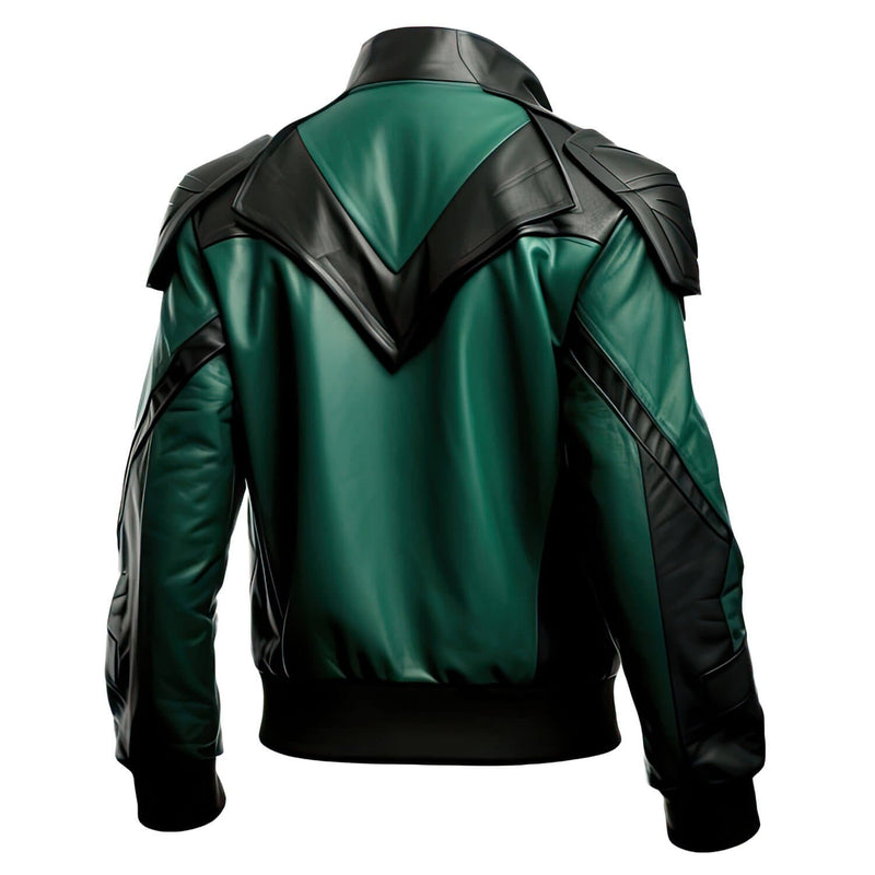 Men’s Green Black Genuine Sheepskin Stand Collar Biker Racing Outfit Classy Punk Zip-up Bomber Soft Rib Knit Leather Jacket - Back View - AceCart