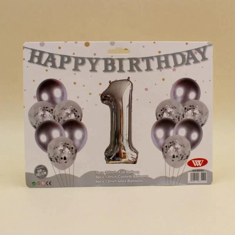 Balloons Metallic + Confetti + 32" Number 1 Silver ( pack of 13 ) - AceCart