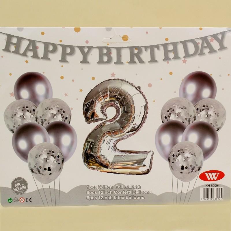 Balloons Metallic + Confetti + 32" Number 2 Silver ( pack of 13 )