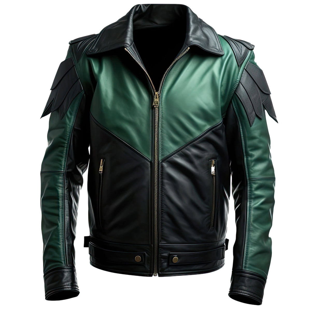 Men’s Green Black Genuine Sheepskin Biker Shirt Collar Punk Zip-up Winter Lightweight Fashionable Racer Leather Jacket - Front View - AceCart
