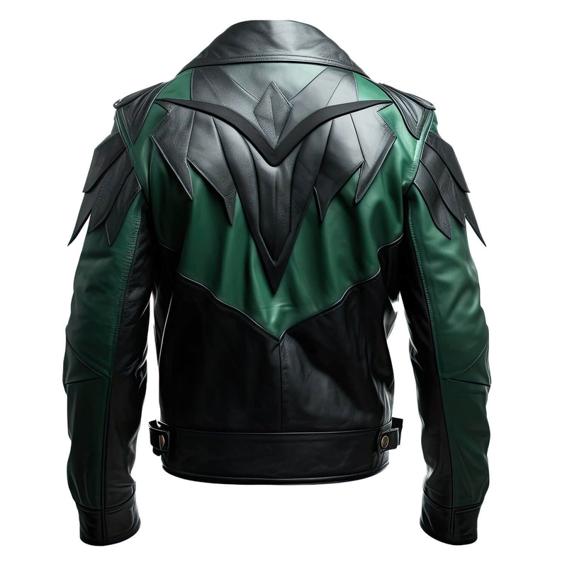 Men’s Green Black Genuine Sheepskin Biker Shirt Collar Punk Zip-up Winter Lightweight Fashionable Racer Leather Jacket - Back View - AceCart