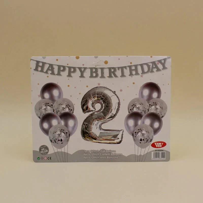 Balloons Metallic + Confetti + 32" Number 2 Silver ( pack of 13 ) - AceCart