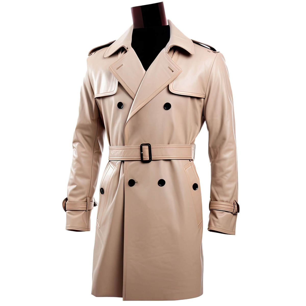 Men’s Beige Genuine Sheepskin Notch Lapel Collar Casual Classy Office Outerwear Double Breasted Fashionable Leather Trench Coat - Front View - AceCart