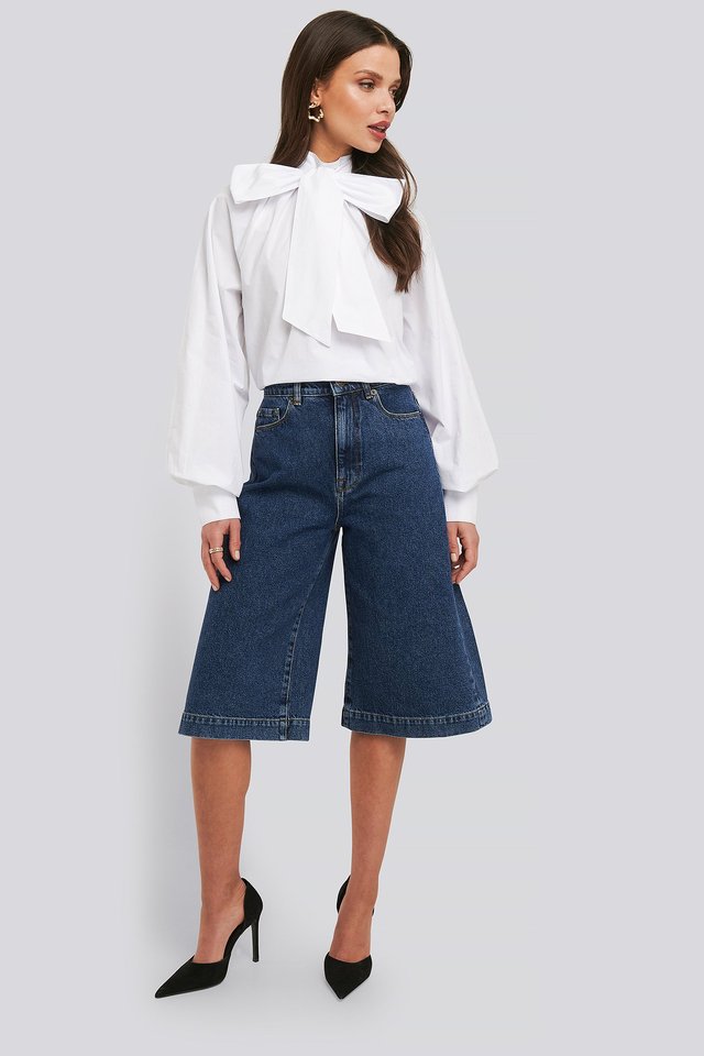 Mid Rise Denim Culottes Blue For Womens  - Front View - AceCart