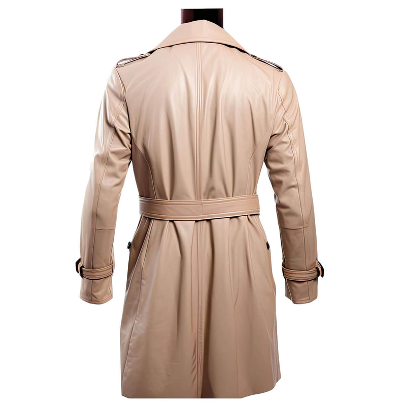 Men’s Beige Genuine Sheepskin Notch Lapel Collar Casual Classy Office Outerwear Double Breasted Fashionable Leather Trench Coat - Back View - AceCart