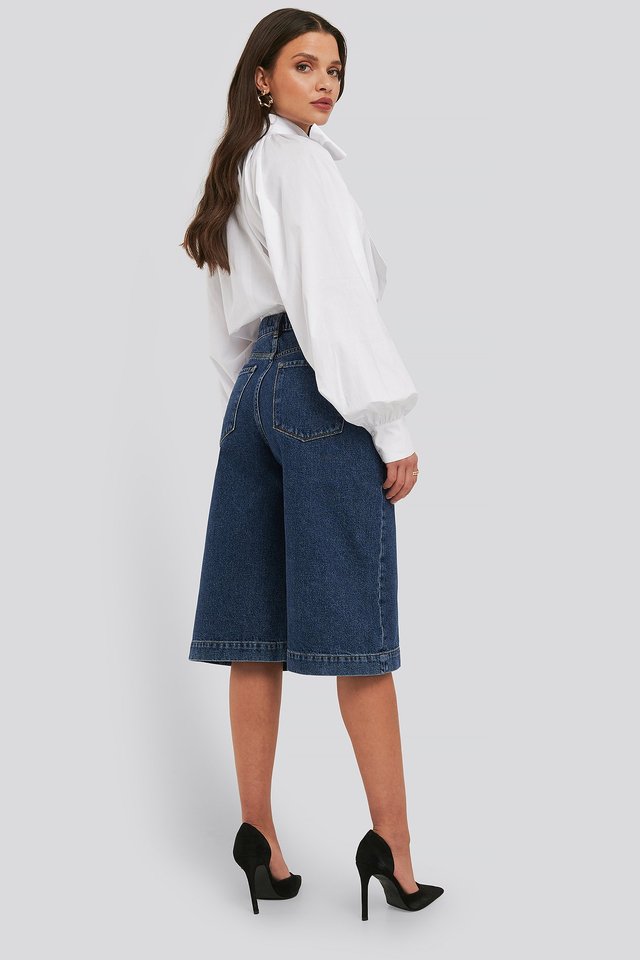 Mid Rise Denim Culottes Blue For Womens - Back View - AceCart