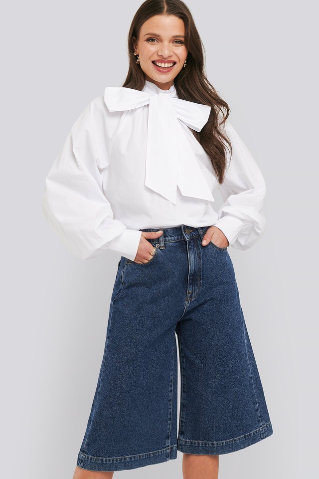 Mid Rise Denim Culottes Blue For Womens  - Side View - AceCart