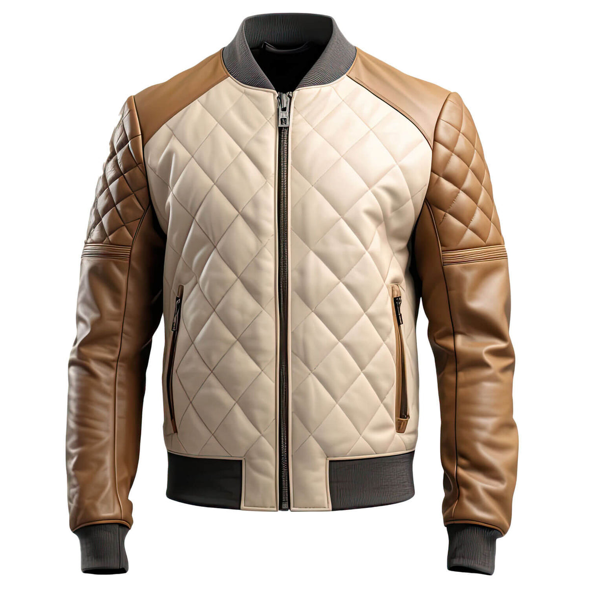 Men’s Brown Beige Genuine Sheepskin Baseball Collar Classy Casual Sporty Scooter Diamond Quilted Bomber Leather Jacket - Front View - AceCart