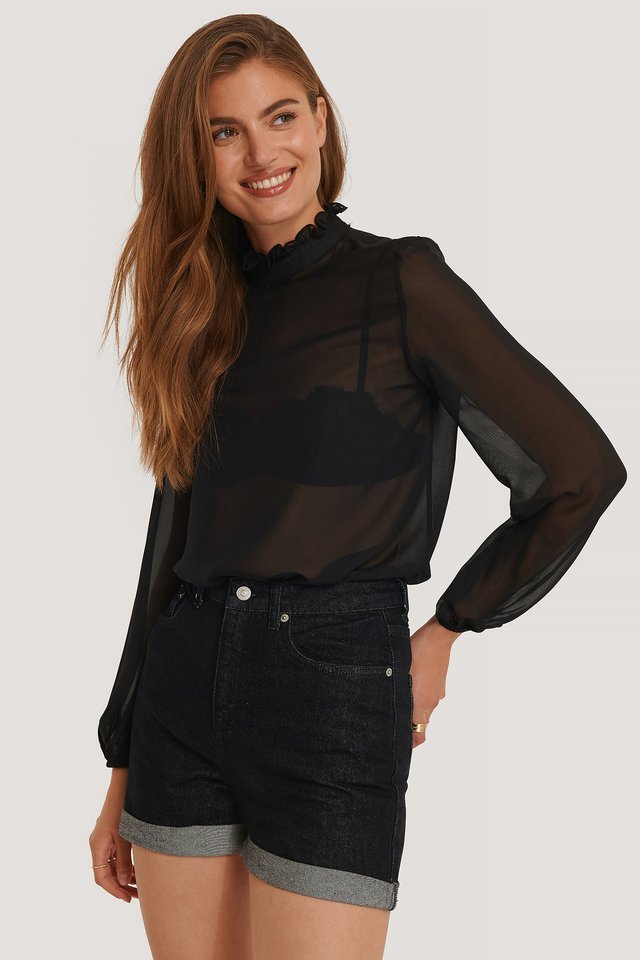 Folded Hem Denim Shorts Black For Womens  - Front View - AceCart