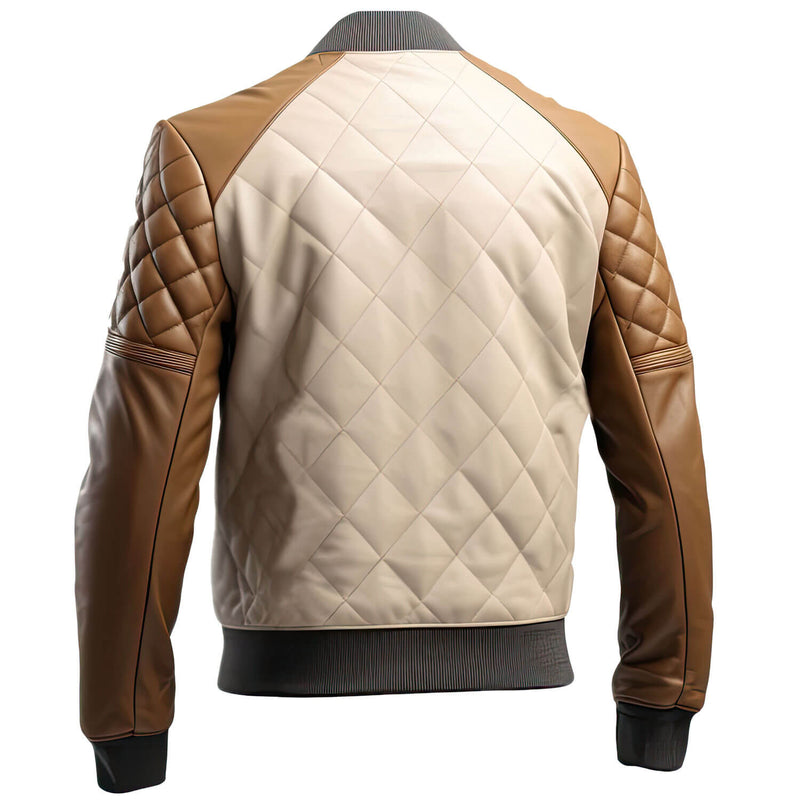 Men’s Brown Beige Genuine Sheepskin Baseball Collar Classy Casual Sporty Scooter Diamond Quilted Bomber Leather Jacket - Back View - AceCart