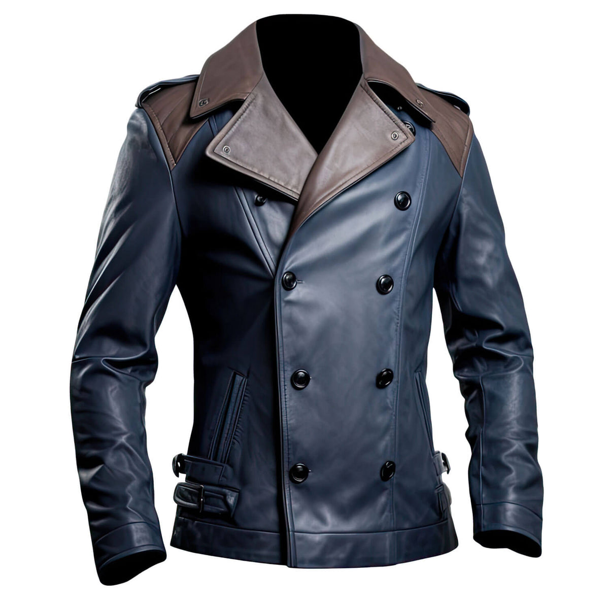 Men’s Navy Blue Brown Genuine Sheepskin Notch Lapel Collar Classy Smooth Outfit Double Breasted Leather Trench Coat - Front View - AceCart