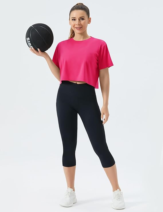 Women's Workout Crop Top T-Shirt Yoga Running Cropped Basic Tee Pink - Front View - AceCart
