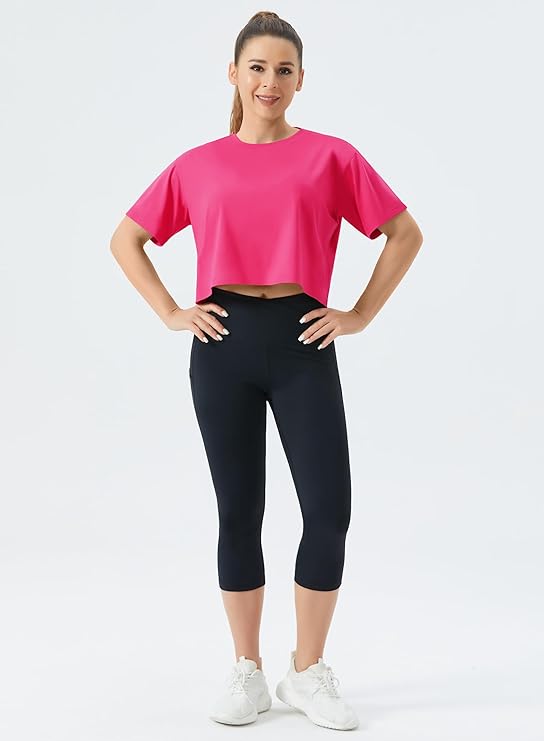 Women's Workout Crop Top T-Shirt Yoga Running Cropped Basic Tee Pink