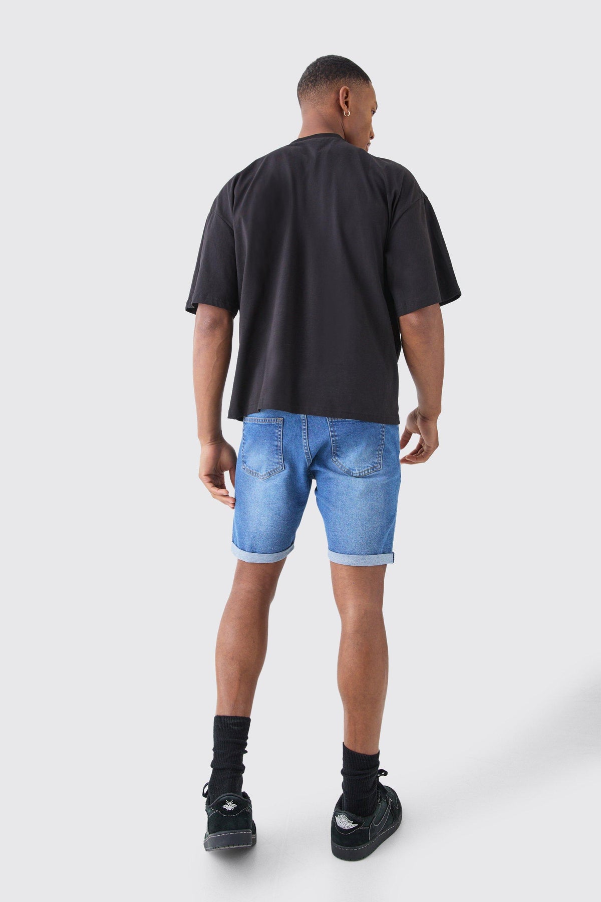 Skinny Stretch Denim Shorts In Mid Blue