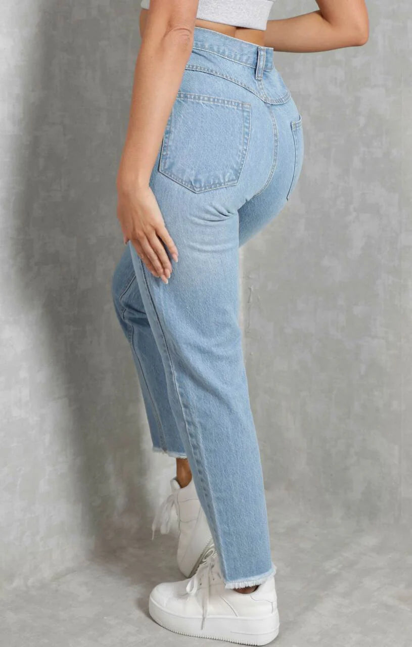 Blue Light Wash High Waisted Frayed Hem Straight Leg Denim Jeans
