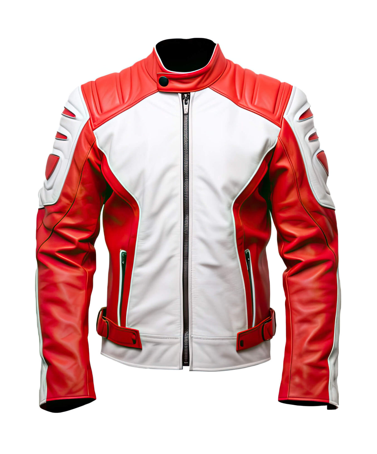 Men’s Red White Genuine Sheepskin Stand Collar Zip-Up Elegant Winter Lightweight Punk Biker Scooter Leather Jacket - Front View - AceCart