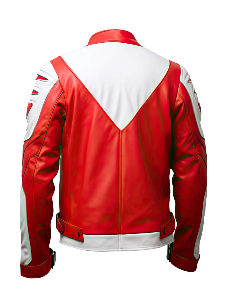 Men’s Red White Genuine Sheepskin Stand Collar Zip-Up Elegant Winter Lightweight Punk Biker Scooter Leather Jacket - Back View - AceCart