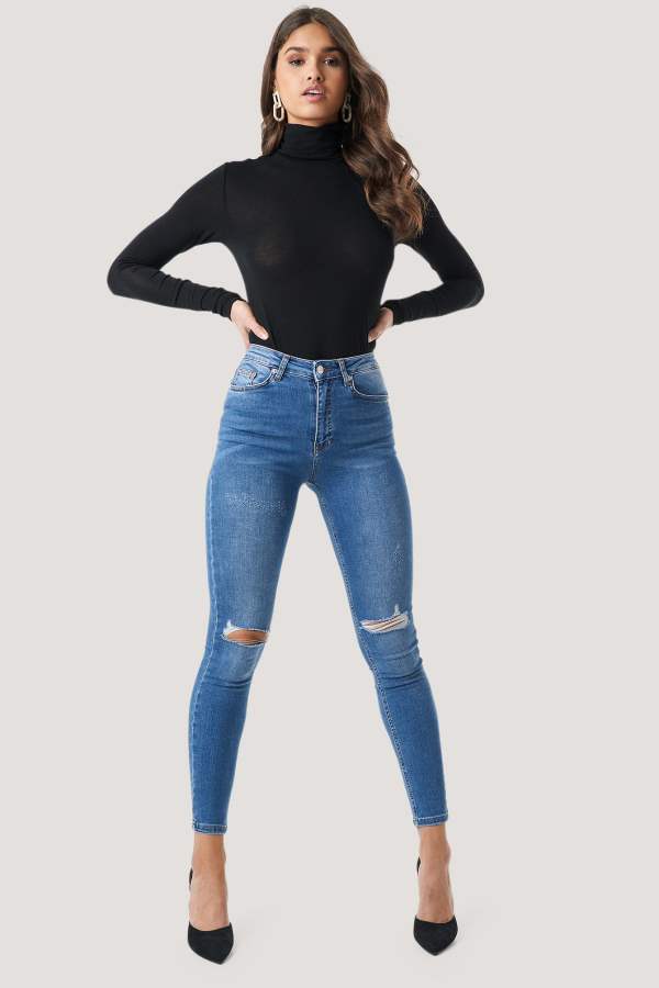 Skinny Fit Mid-Rise Knee Cut Stretchable Jeans  - Front View - AceCart