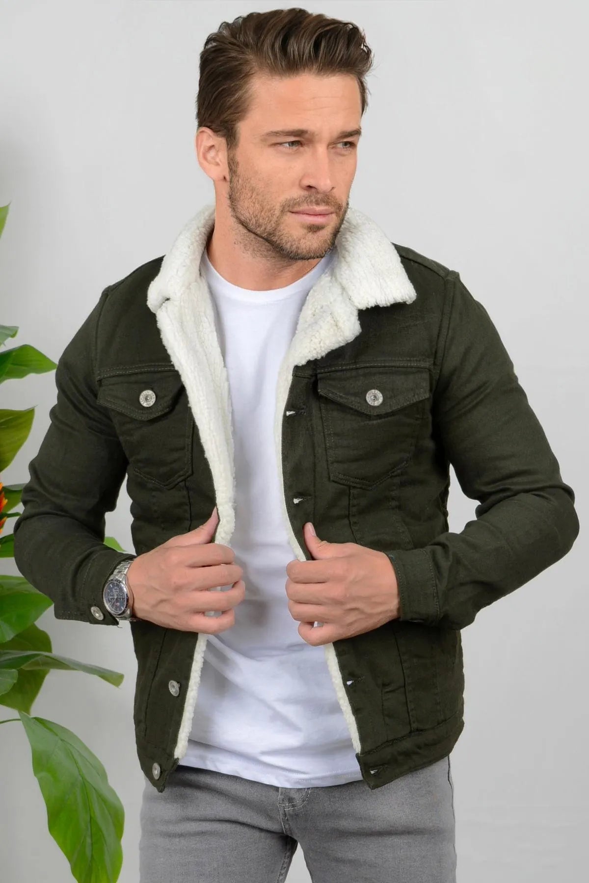 White Fur Mens Denim Jacket With Fur Collar Buy Full White Fur