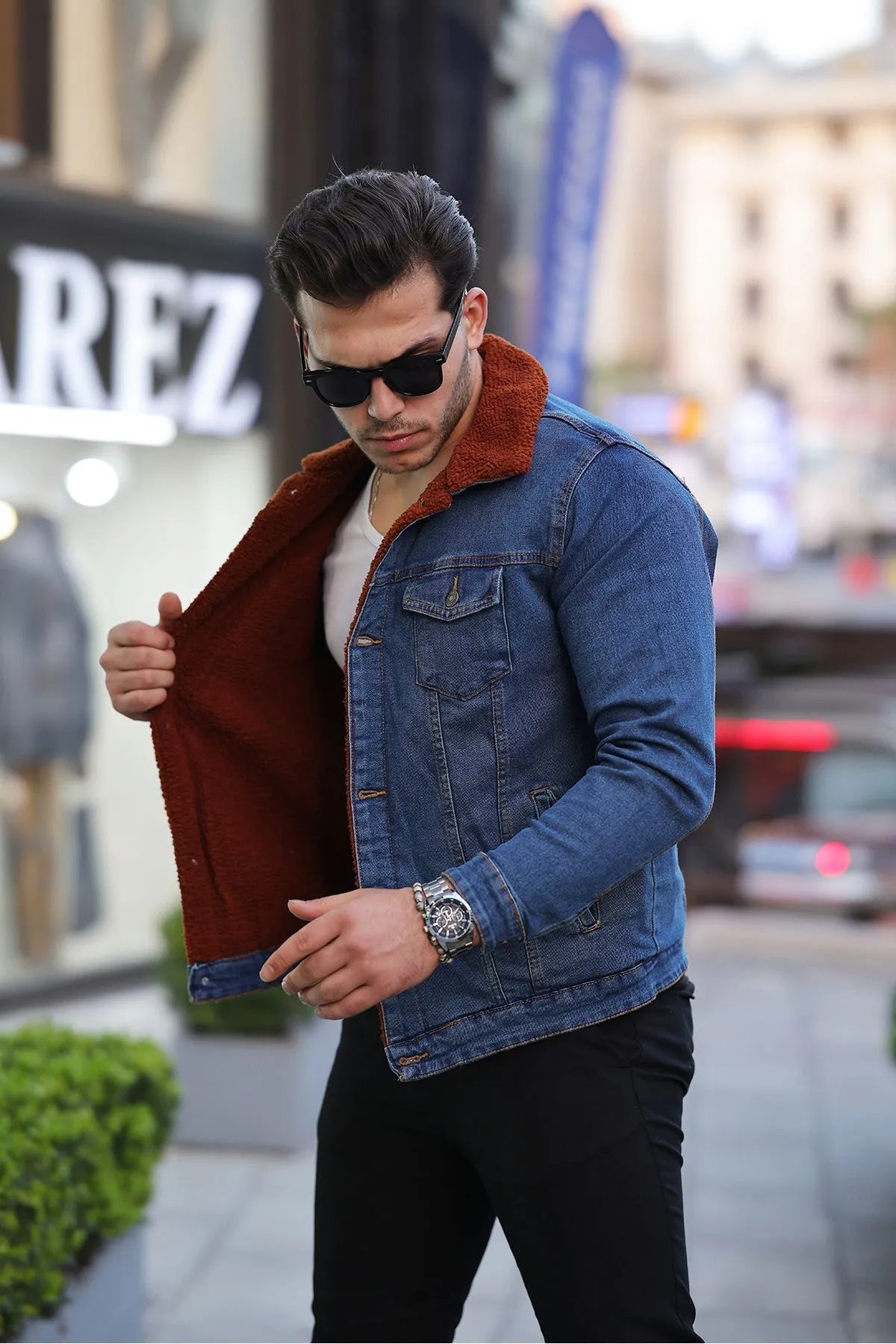 Buy Full Brown Fur Dark Blue Denim Jacket for Men's Online In