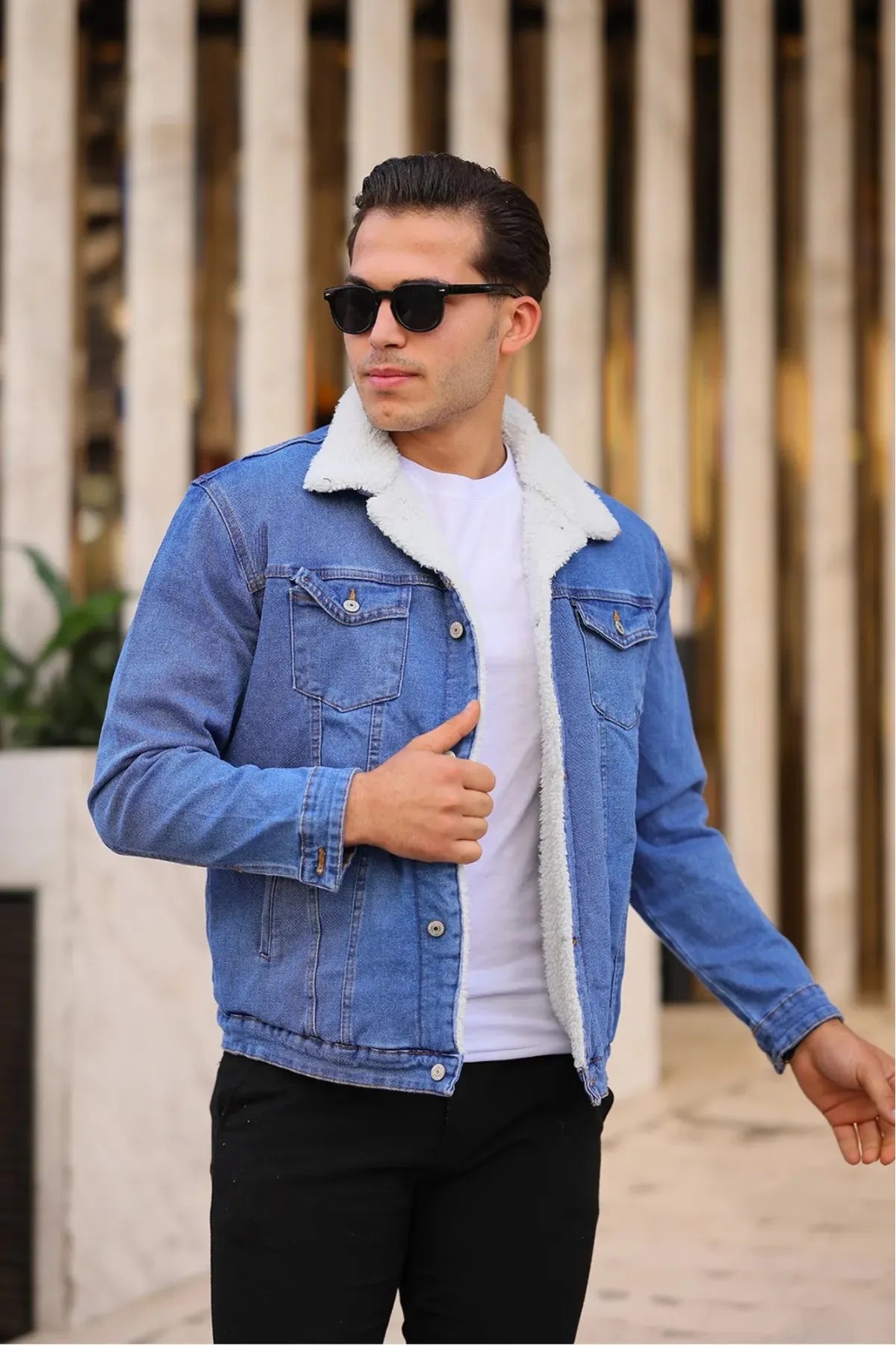 Fashion Blue Denim Jacket Men Shop White Fur Light Blue Denim
