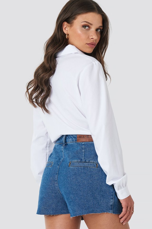 Front Pleat Denim Shorts Blue For Womens - Back View - AceCart