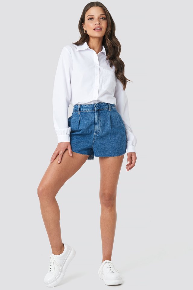 Front Pleat Denim Shorts Blue For Womens  - Side View - AceCart
