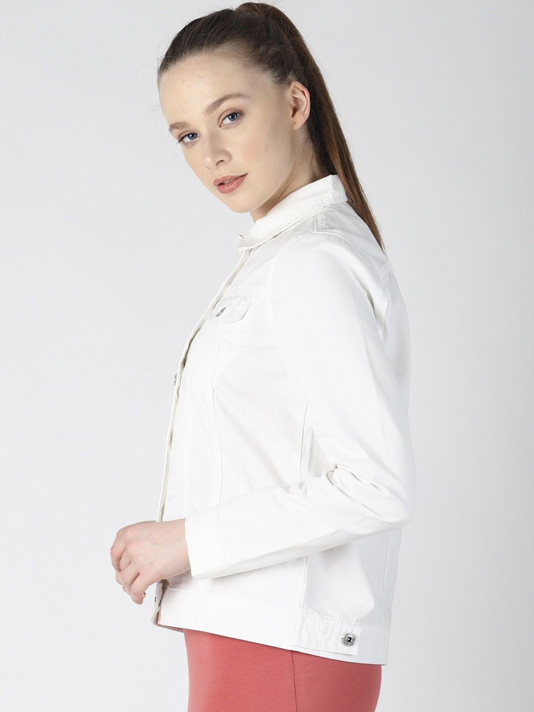 Women White Solid Jacket  - Front View - Available in Sizes L