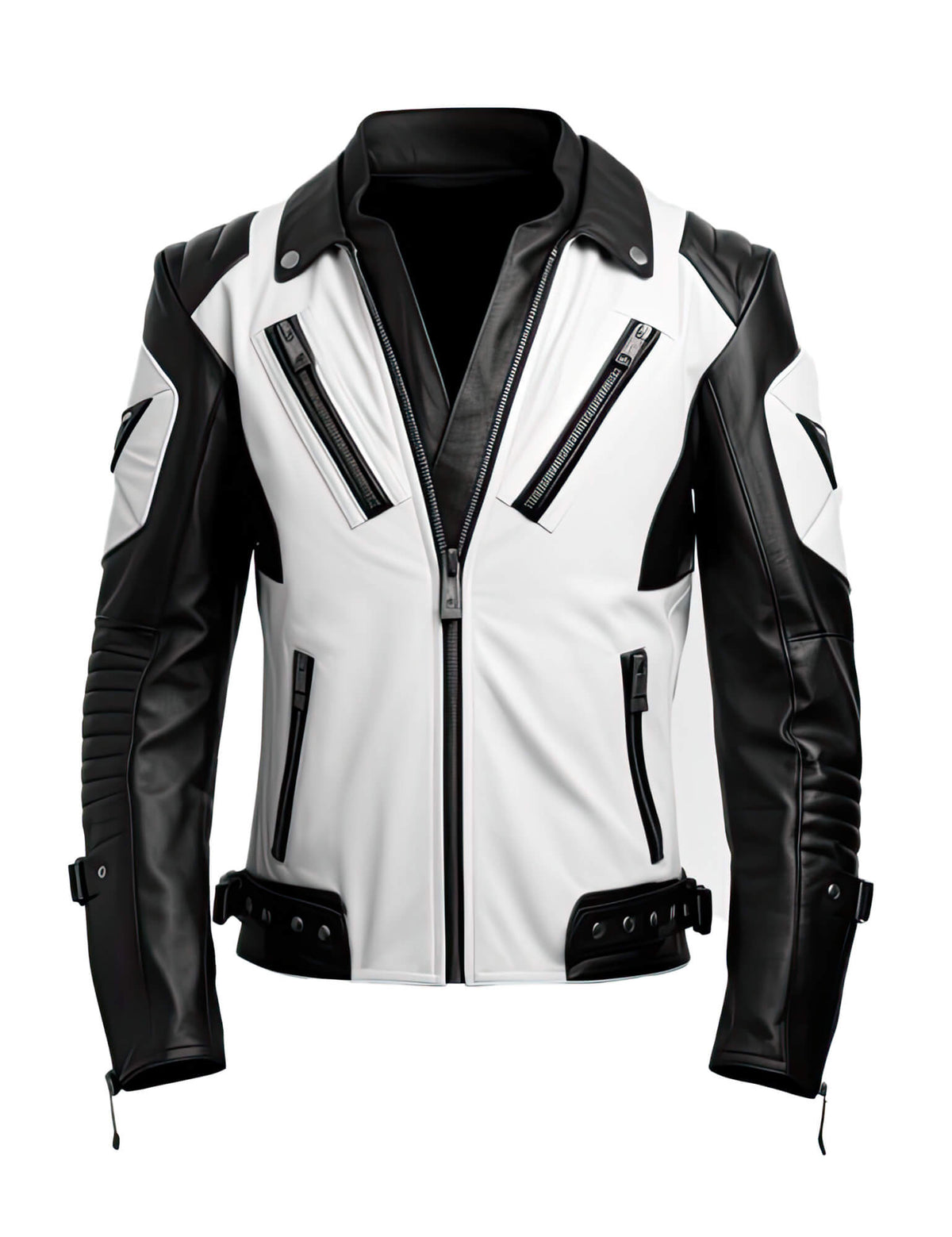 Men’s White Black Genuine Sheepskin Stand Collar V-Neck Quilted Belted Soft Casual Slim-fit Moto Biker Leather Jacket - Front View - AceCart