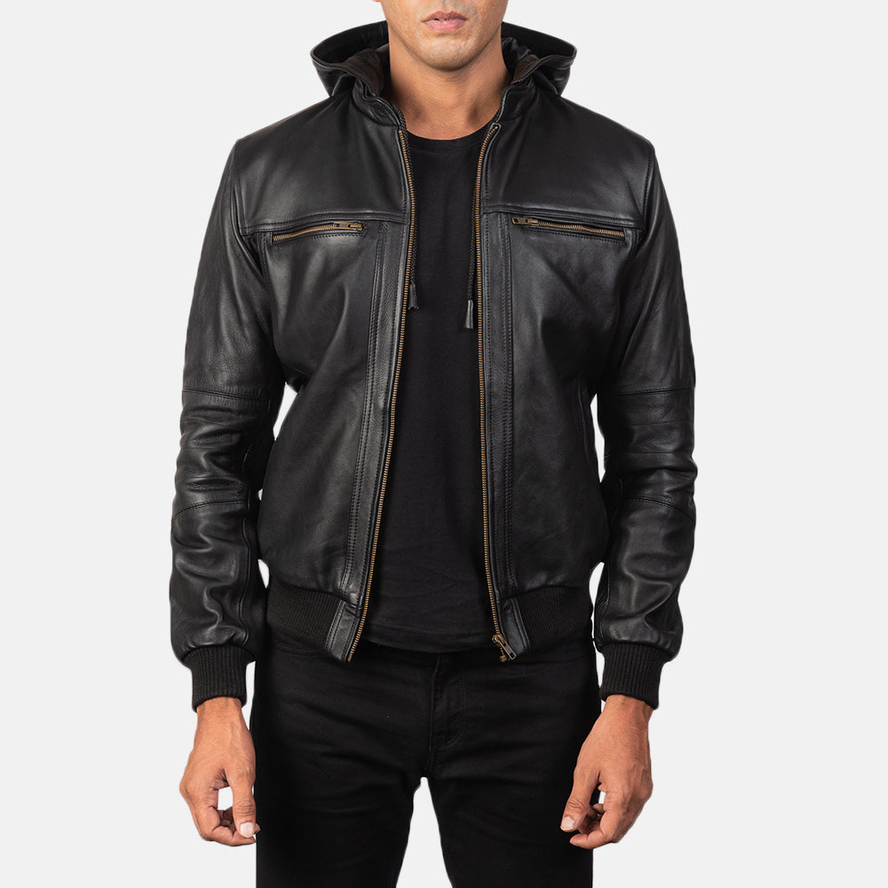 Black Leather Hooded Bomber Jacket XS Black