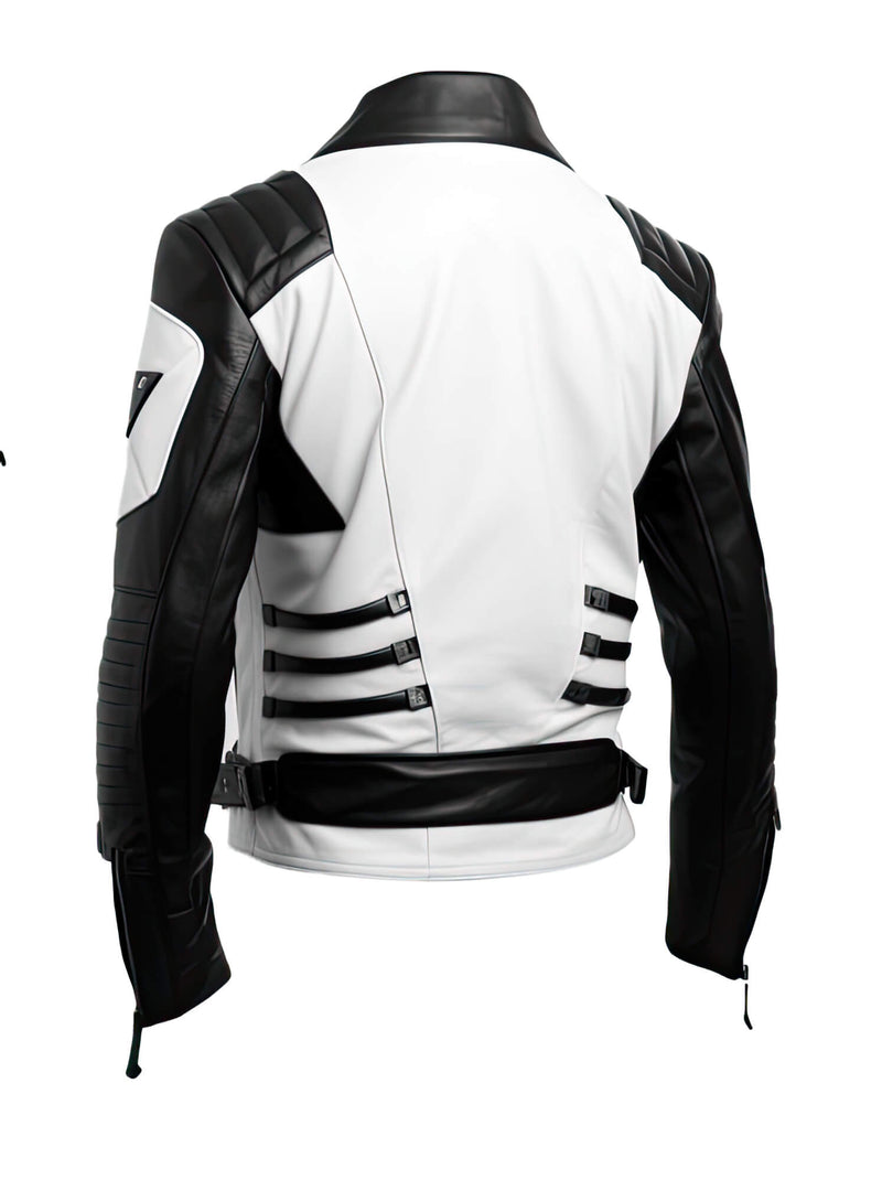 Men’s White Black Genuine Sheepskin Stand Collar V-Neck Quilted Belted Soft Casual Slim-fit Moto Biker Leather Jacket - Back View - AceCart