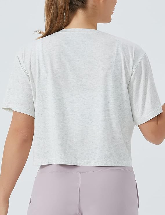 Women's Workout Crop Top T-Shirt Yoga Running Cropped Basic Tee Grey - Back View - AceCart