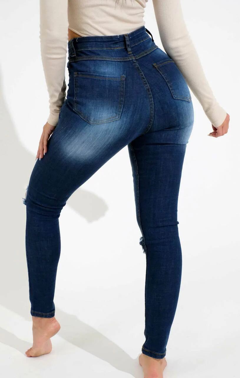 Blue Dark Wash High Waisted Ripped Knee Skinny Jeans