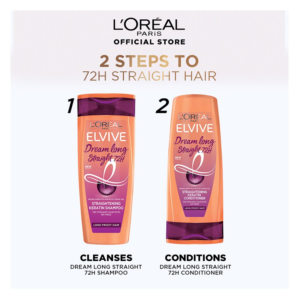 L'Oreal Paris Elvive Dream Long Straight 72Hrs Straightening Keratin Shampoo, Micro Keratin & Black Cumin Oil, For Long Frizzy Hair, 360ml