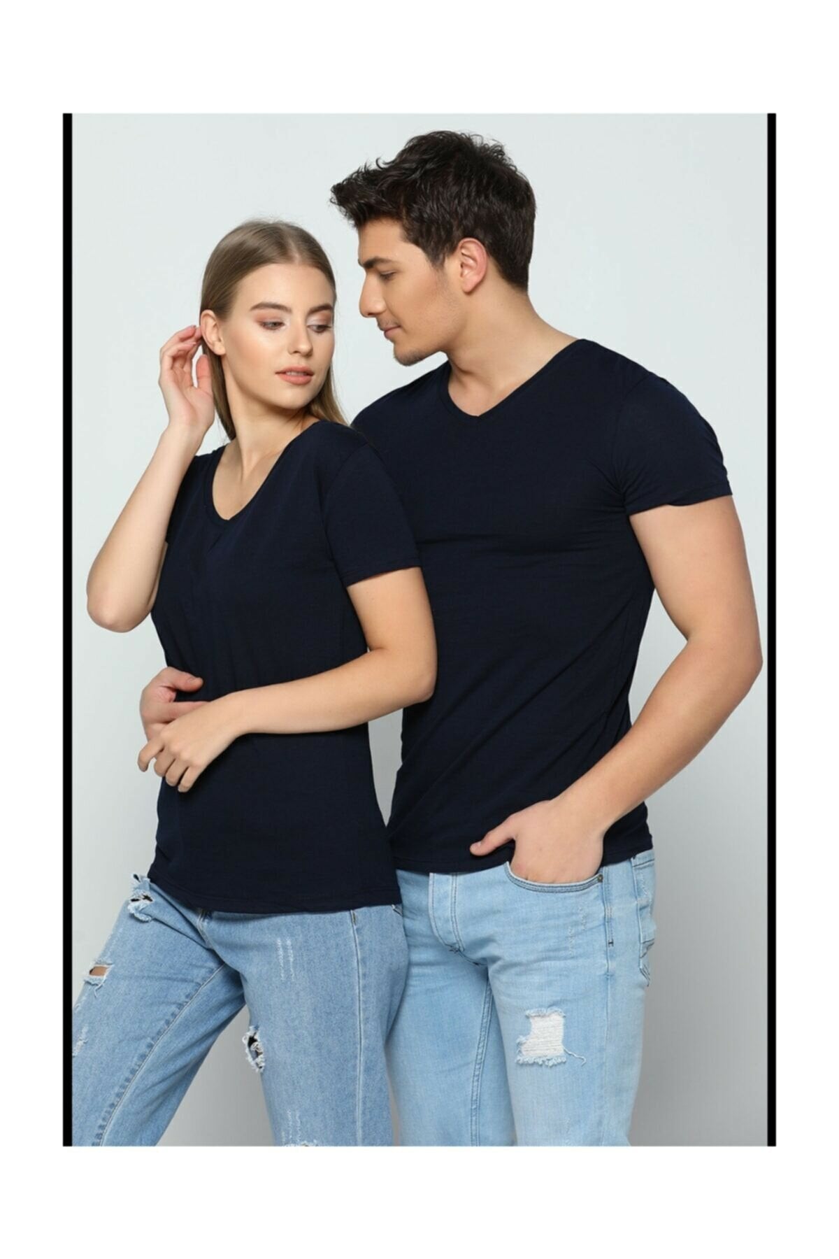 Pack Of 2 Basic Couple T-Shirt Navy Blue - Front View - AceCart