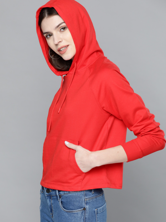 Ace Women Red Solid Hooded Sweatshirt